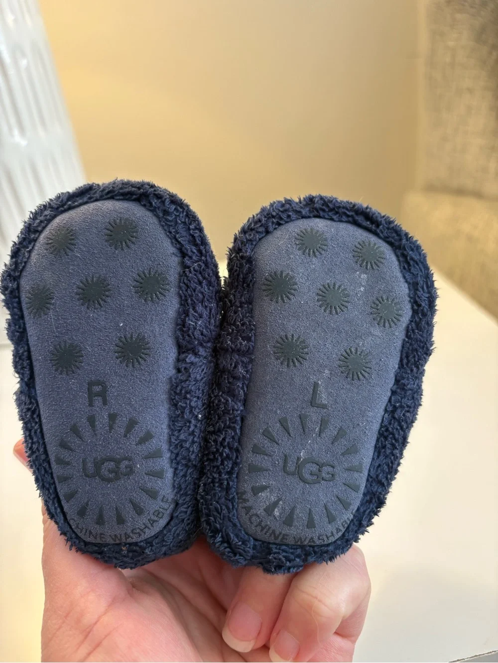 UGG Navy Plush Baby Booties with Hook-and-Loop Strap